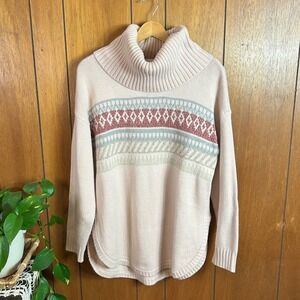 SoHo Jeans Women M Fair Isle Cowl Neck Sweater Pink Beige Blue Green